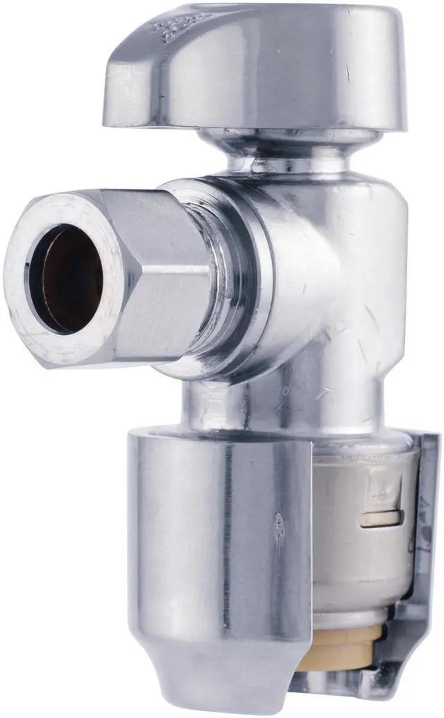Main image of Max 1/2 x 3/8 Inch Compression Angle Stop Valve, Quarter Turn, Push to Connect Brass Plumbing Fitting, PEX Pipe, Copper, CPVC, PE-RT, HDPE, UR23036