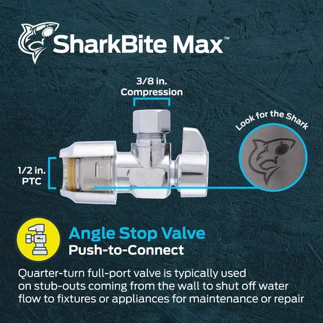 Alt view image 2 of 6 - Max 1/2 x 3/8 Inch Compression Angle Stop Valve, Quarter Turn, Push to Connect Brass Plumbing Fitting, PEX Pipe, Copper, CPVC, PE-RT, HDPE, UR23036