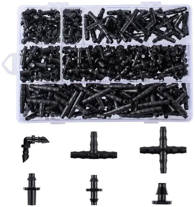 Main image of 280 Pcs Barbed Connectors Irrigation Fittings Kit,Drip Irrigation Barbed Connectors 1/4''Tubing Fittings Kit for Flower Pot Garden Lawn(Straight Barbs,Single Barbs,Tees,Elbows,End Plug,4-Way Coupling)