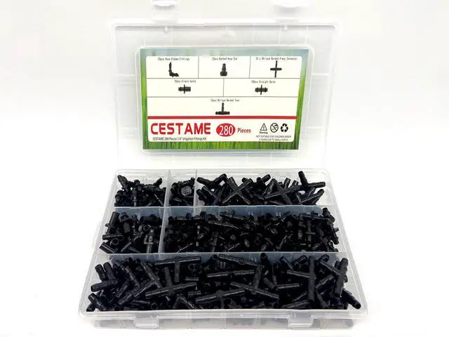 Alt view image 2 of 7 - 280 Pcs Barbed Connectors Irrigation Fittings Kit,Drip Irrigation Barbed Connectors 1/4''Tubing Fittings Kit for Flower Pot Garden Lawn(Straight Barbs,Single Barbs,Tees,Elbows,End Plug,4-Way Coupling)