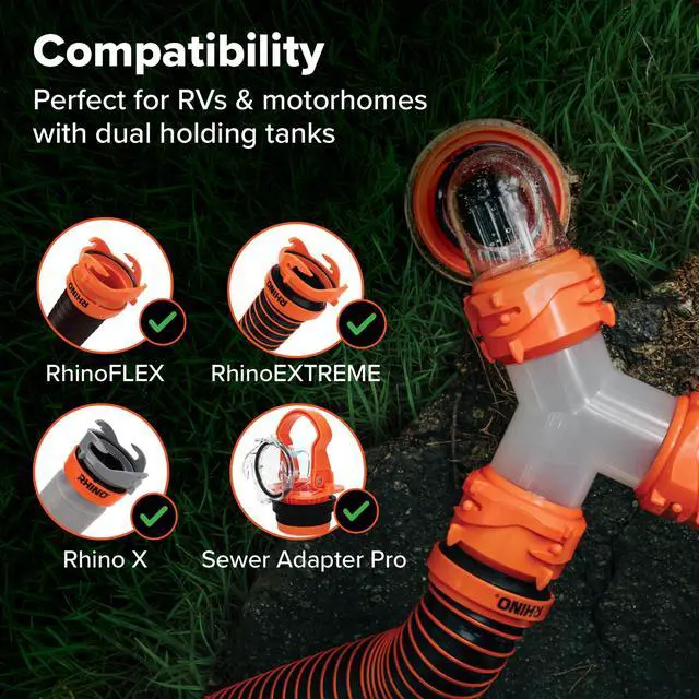 Alt view image 4 of 7 - RhinoFLEX Camper/RV Wye Sewer Hose Fitting | Features 360-Degree Swivel Ends & Built-In Gaskets for Odor Tight Connection | Allows for 2 Sewer Hoses to Connect to the Same Dump Station (39812),