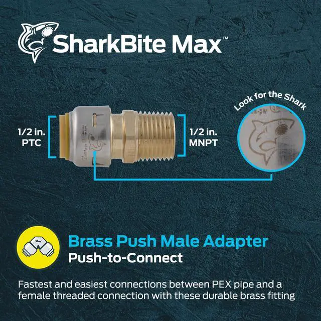 Alt view image 2 of 6 - Max 1/2 Inch MNPT Adapter, Push to Connect Brass Plumbing Fitting, PEX Pipe, Copper, CPVC, PE-RT, HDPE, UR120A