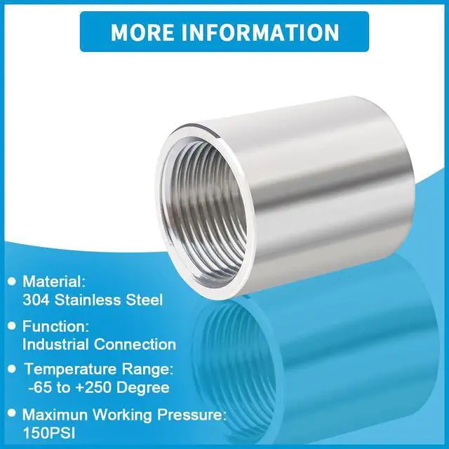 Alt view image 3 of 6 - 304 Stainless Steel Pipe Coupling Fitting, 1/2" x 1/2" Female Pipe Coupler Connector Adapter Fitting (1" Length, 2Pcs)