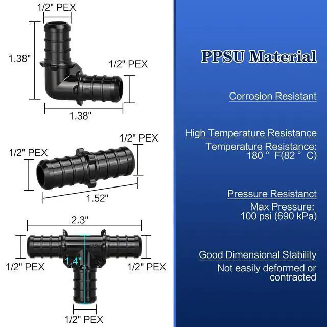 Alt view image 4 of 7 - 30pcs 1/2" Poly PPSU Barb Crimp PEX Fitting Combo, No Lead | 10pcs Each Elbows Tees Straight Couplings for PEX Pipe