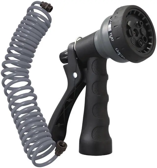 Main image of Coil Garden Hose, 25 ft, with 8-Pattern Nozzle, Gray - 26382 | Flexible Coil Garden Hose with 8-Pattern Spray Nozzle for Lawn & Garden Watering, Lightweight & Easy to Store
