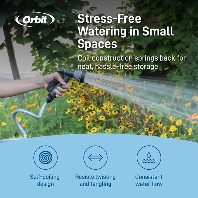 Alt view image 2 of 7 - Coil Garden Hose, 25 ft, with 8-Pattern Nozzle, Gray - 26382 | Flexible Coil Garden Hose with 8-Pattern Spray Nozzle for Lawn & Garden Watering, Lightweight & Easy to Store