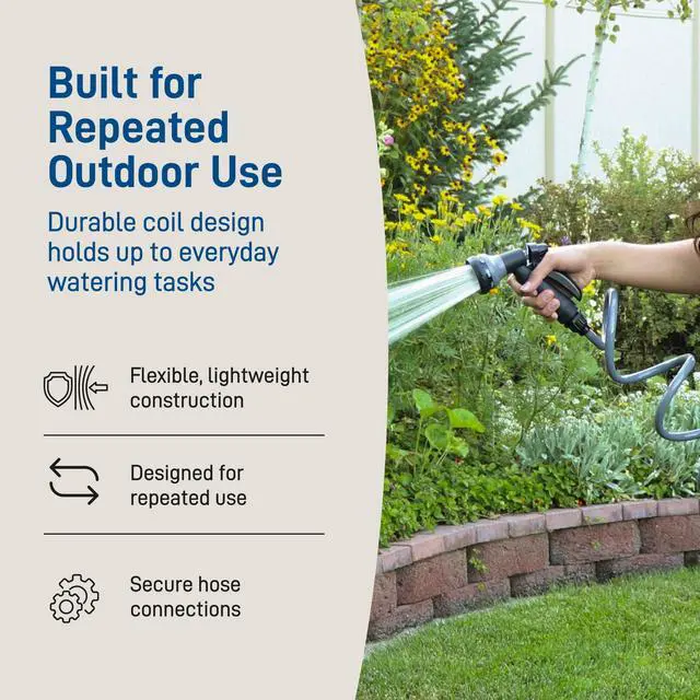 Alt view image 3 of 7 - Coil Garden Hose, 25 ft, with 8-Pattern Nozzle, Gray - 26382 | Flexible Coil Garden Hose with 8-Pattern Spray Nozzle for Lawn & Garden Watering, Lightweight & Easy to Store