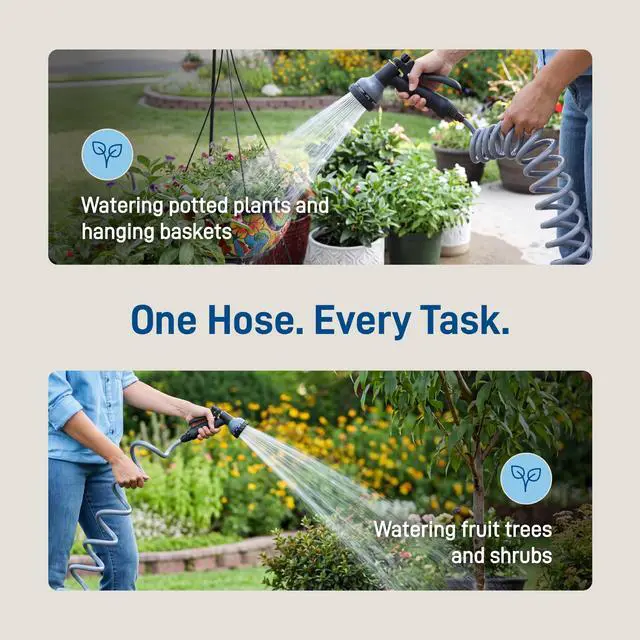 Alt view image 4 of 7 - Coil Garden Hose, 25 ft, with 8-Pattern Nozzle, Gray - 26382 | Flexible Coil Garden Hose with 8-Pattern Spray Nozzle for Lawn & Garden Watering, Lightweight & Easy to Store
