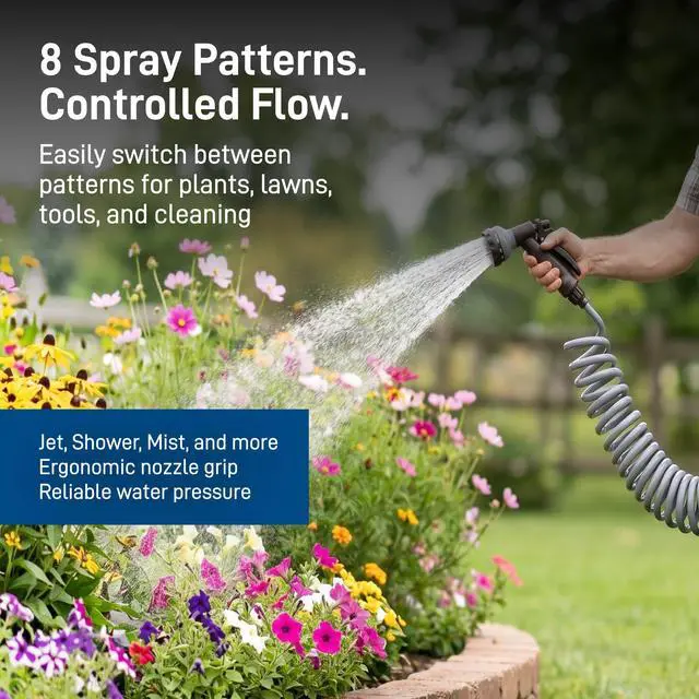 Alt view image 5 of 7 - Coil Garden Hose, 25 ft, with 8-Pattern Nozzle, Gray - 26382 | Flexible Coil Garden Hose with 8-Pattern Spray Nozzle for Lawn & Garden Watering, Lightweight & Easy to Store