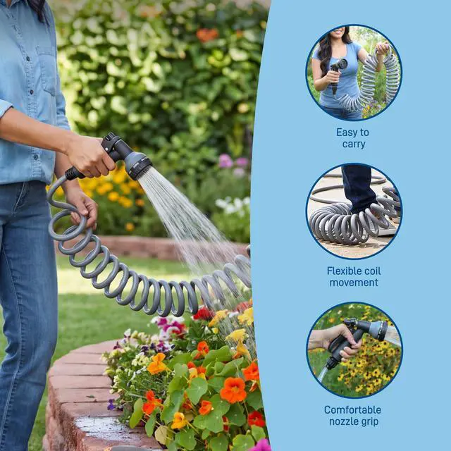 Alt view image 6 of 7 - Coil Garden Hose, 25 ft, with 8-Pattern Nozzle, Gray - 26382 | Flexible Coil Garden Hose with 8-Pattern Spray Nozzle for Lawn & Garden Watering, Lightweight & Easy to Store
