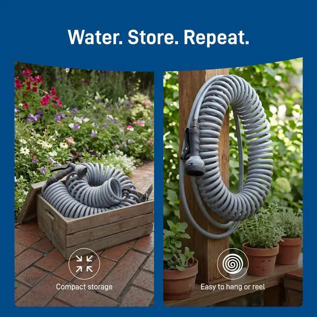 Alt view image 7 of 7 - Coil Garden Hose, 25 ft, with 8-Pattern Nozzle, Gray - 26382 | Flexible Coil Garden Hose with 8-Pattern Spray Nozzle for Lawn & Garden Watering, Lightweight & Easy to Store