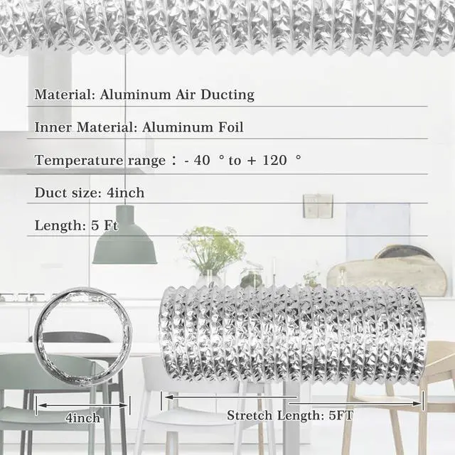 Alt view image 2 of 6 - Dryer Vent Hose 4 Inch 5FT Flexible Dryer Ducting Tube Air Duct Aluminum Insulated Flex Hose Kit Indoor Outdoor