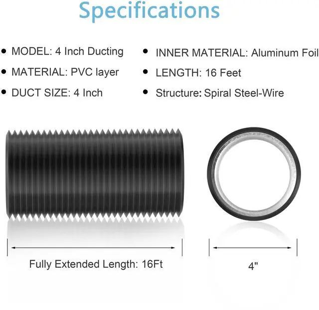 Alt view image 5 of 7 - Dryer Vent Hose, 4'' Flexible Duct 16FT with 2 Duct Clamps, Heavy-Duty Three Layer Protection, Black PVC, for HVAC Ventilation, Duct Fan Systems