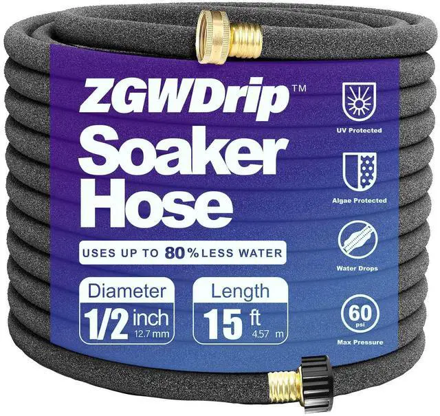 Main image of 15FT 1/2" Water-Saving Soaker Hose with Solid Brass Connectors, Drip Irrigation Kit for Lawn & Yard