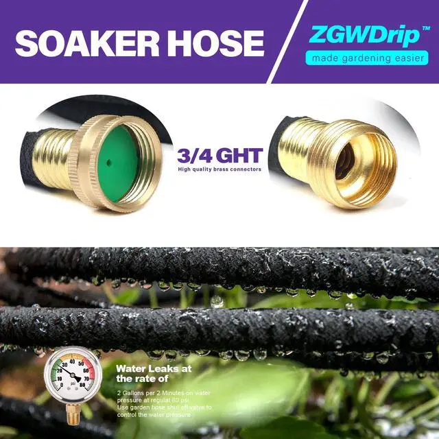 Alt view image 3 of 6 - 15FT 1/2" Water-Saving Soaker Hose with Solid Brass Connectors, Drip Irrigation Kit for Lawn & Yard