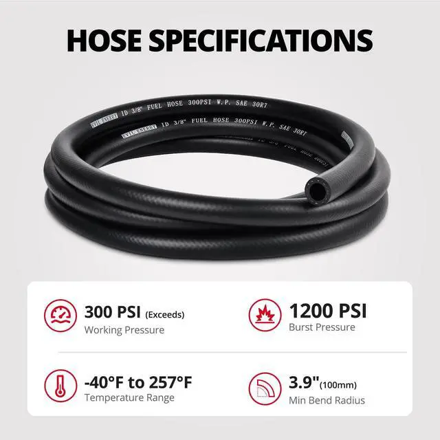 Alt view image 3 of 7 - 3/8" Fuel Hose Line Push Lock NBR Rubber SAE 30R7 10FT 300PSI | NBR Rubber with Polyester Braid, -40°F to 257°F, Oil and Wear Resistant, Compatible with Diesel, Oil, Gasoline, Biodiesel