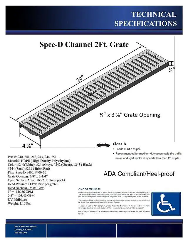 Alt view image 2 of 2 - 241-1 Spee-D® Channel Drain Grate, Plastic, 4-1/8-Inch wide X 2-Feet long, for Driveways, Patios, Pool Decks and Commercial Areas, Gray