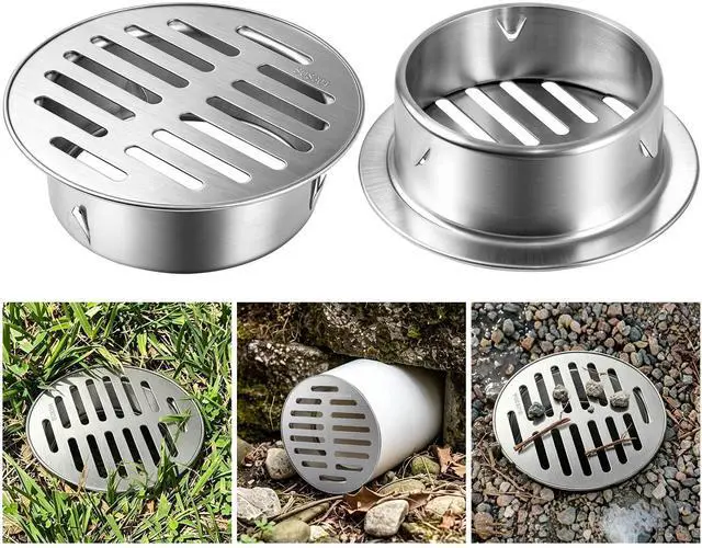 Main image of 4 Inch 304 Stainless Steel Drain Grate Cover, Round Heavy Duty Floor Drain for Horizontal Pipe with Adjustable Snap-in Clips, 304 Rustproof Wall Drain Cover for Outdoor Yard Patio Basement (2 Piece)