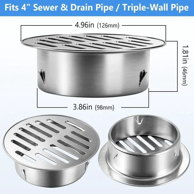 Alt view image 3 of 7 - 4 Inch 304 Stainless Steel Drain Grate Cover, Round Heavy Duty Floor Drain for Horizontal Pipe with Adjustable Snap-in Clips, 304 Rustproof Wall Drain Cover for Outdoor Yard Patio Basement (2 Piece)