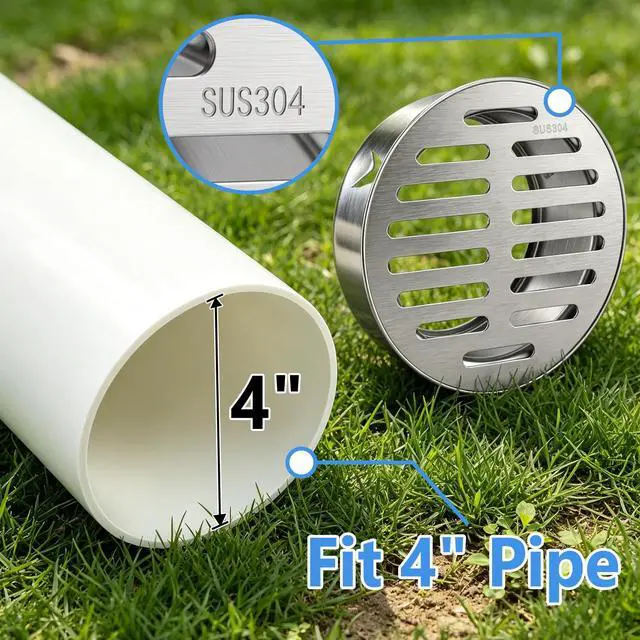 Alt view image 4 of 7 - 4 Inch 304 Stainless Steel Drain Grate Cover, Round Heavy Duty Floor Drain for Horizontal Pipe with Adjustable Snap-in Clips, 304 Rustproof Wall Drain Cover for Outdoor Yard Patio Basement (2 Piece)