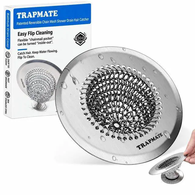 Main image of Shower Drain Hair Catcher, Easy Flip Clean Bathtub Drain Protector | Patented Reversible Chain Mail Mesh, Traps Hair Without Clogging, Fast Flow, 4.4" Drain Cover Fits Regular & Pop-up Drains