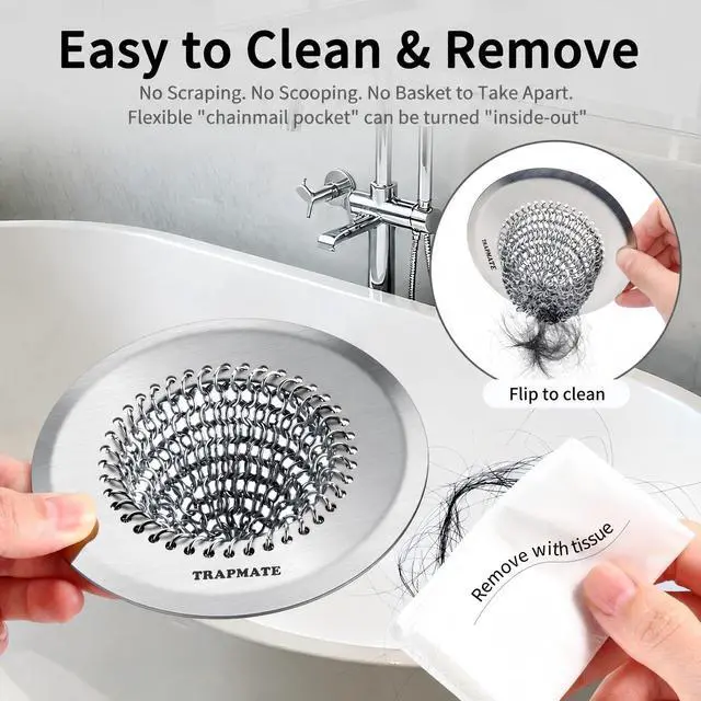 Alt view image 2 of 7 - Shower Drain Hair Catcher, Easy Flip Clean Bathtub Drain Protector | Patented Reversible Chain Mail Mesh, Traps Hair Without Clogging, Fast Flow, 4.4" Drain Cover Fits Regular & Pop-up Drains