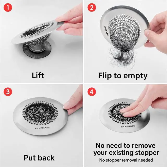 Alt view image 7 of 7 - Shower Drain Hair Catcher, Easy Flip Clean Bathtub Drain Protector | Patented Reversible Chain Mail Mesh, Traps Hair Without Clogging, Fast Flow, 4.4" Drain Cover Fits Regular & Pop-up Drains