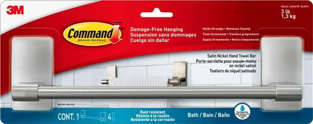 Main image of Towel Bar, Satin Nickel, 1 Towel Bar, 4 Strips | Towel Bar For Damage Free Bathroom Organization, No Tools, Holds On Glass, Metal, Mirrors, And Tile, No Holes Or Suction Cups