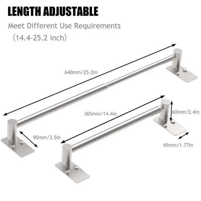 Alt view image 3 of 6 - Towel Bar, Adhesive or Drill Wall Mount, Brushed Nickel, 1 Pack | Adjustable 14.4 to 25.2 Inch, 304 Stainless Steel Hand Towel Holder, Square Base Towel Racks for Bathroom, Kitchen Use