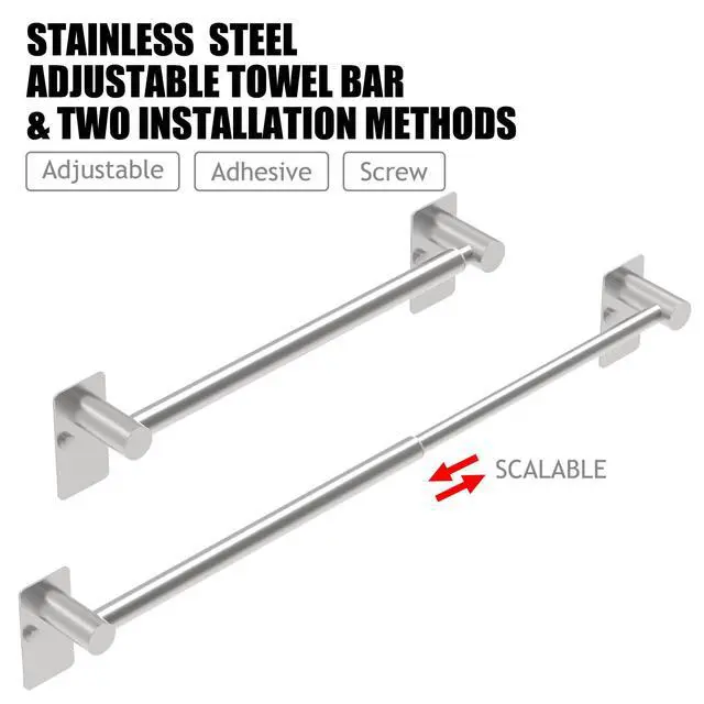 Alt view image 2 of 6 - Towel Bar, Adhesive or Drill Wall Mount, Brushed Nickel, 1 Pack | Adjustable 14.4 to 25.2 Inch, 304 Stainless Steel Hand Towel Holder, Square Base Towel Racks for Bathroom, Kitchen Use