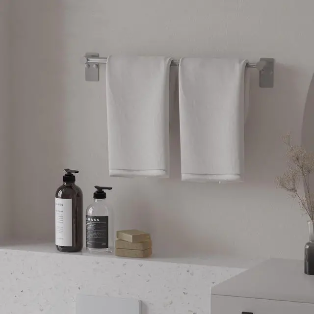 Alt view image 4 of 6 - Towel Bar, Adhesive or Drill Wall Mount, Brushed Nickel, 1 Pack | Adjustable 14.4 to 25.2 Inch, 304 Stainless Steel Hand Towel Holder, Square Base Towel Racks for Bathroom, Kitchen Use