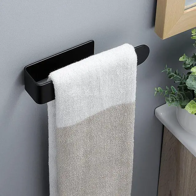 Alt view image 2 of 6 - Hand Towel Holder Black - Self Adhesive Towel Bar Stainless Steel | Strong Sticky, Rustproof, Compact 7.9 inch, Perfect for Bathroom/Kitchen/Renter/Apartment/RV, No Drill, Without Damaging Wall
