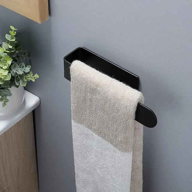 Alt view image 3 of 6 - Hand Towel Holder Black - Self Adhesive Towel Bar Stainless Steel | Strong Sticky, Rustproof, Compact 7.9 inch, Perfect for Bathroom/Kitchen/Renter/Apartment/RV, No Drill, Without Damaging Wall
