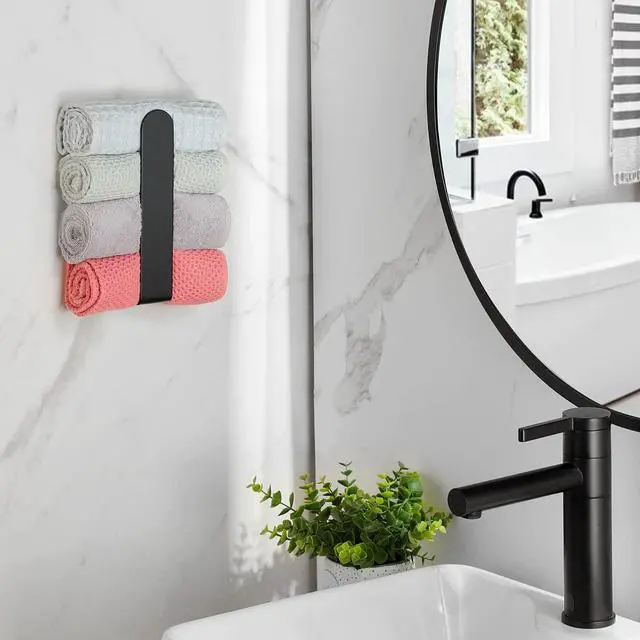 Alt view image 5 of 6 - Hand Towel Holder Black - Self Adhesive Towel Bar Stainless Steel | Strong Sticky, Rustproof, Compact 7.9 inch, Perfect for Bathroom/Kitchen/Renter/Apartment/RV, No Drill, Without Damaging Wall