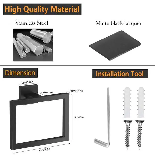Alt view image 6 of 7 - Towel Ring - Hand Towel Holder for Bathroom - Matte Black | Stainless Steel Towel Holder, Towel Racks for Bathroom, Square Modern Design Hand Towel Holder, Contemporary Hand Towel Bar