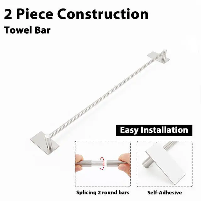 Alt view image 3 of 7 - Self Adhesive Bathroom Towel Bar- Stainless Steel Bath Wall Shelf Rack Hanging Towel Stick On Sticky Hanger Contemporary Style, NO Drilling (1 Pack, Brushed Nickel, 24-Inch Towel Rack)