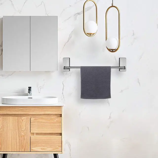 Alt view image 6 of 7 - Self Adhesive Bathroom Towel Bar- Stainless Steel Bath Wall Shelf Rack Hanging Towel Stick On Sticky Hanger Contemporary Style, NO Drilling (1 Pack, Brushed Nickel, 24-Inch Towel Rack)