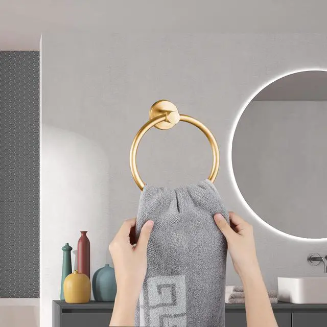 Alt view image 4 of 7 - Towel Ring, Bathroom Hardware Accessories, Wall-Mounted Towel Ring, Simple Round Stainless Steel Towel Rack, for Bathroom and Kitchen (Gold)