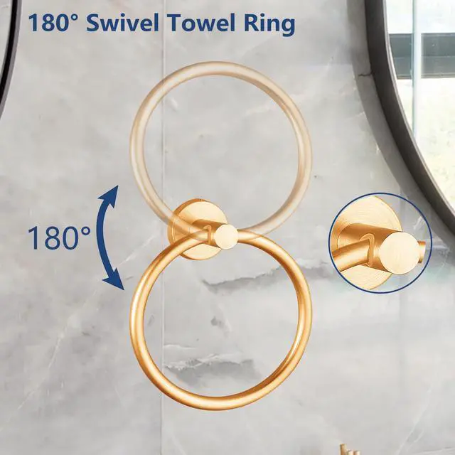 Alt view image 3 of 7 - Towel Ring, Bathroom Hardware Accessories, Wall-Mounted Towel Ring, Simple Round Stainless Steel Towel Rack, for Bathroom and Kitchen (Gold)