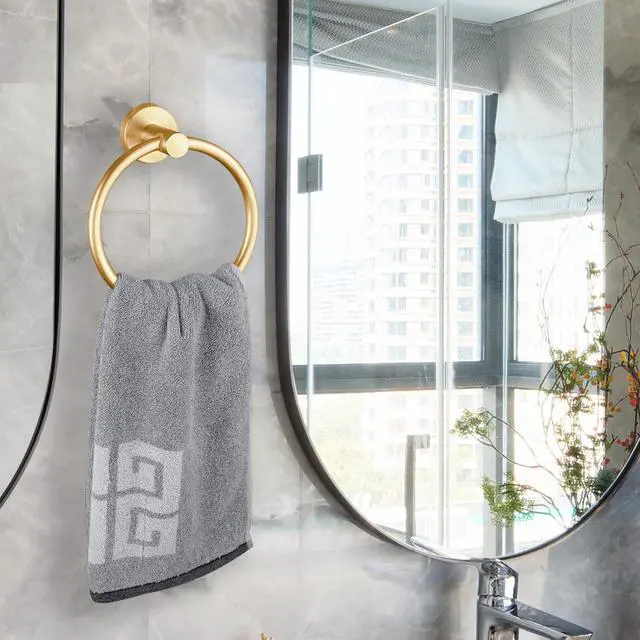 Alt view image 2 of 7 - Towel Ring, Bathroom Hardware Accessories, Wall-Mounted Towel Ring, Simple Round Stainless Steel Towel Rack, for Bathroom and Kitchen (Gold)