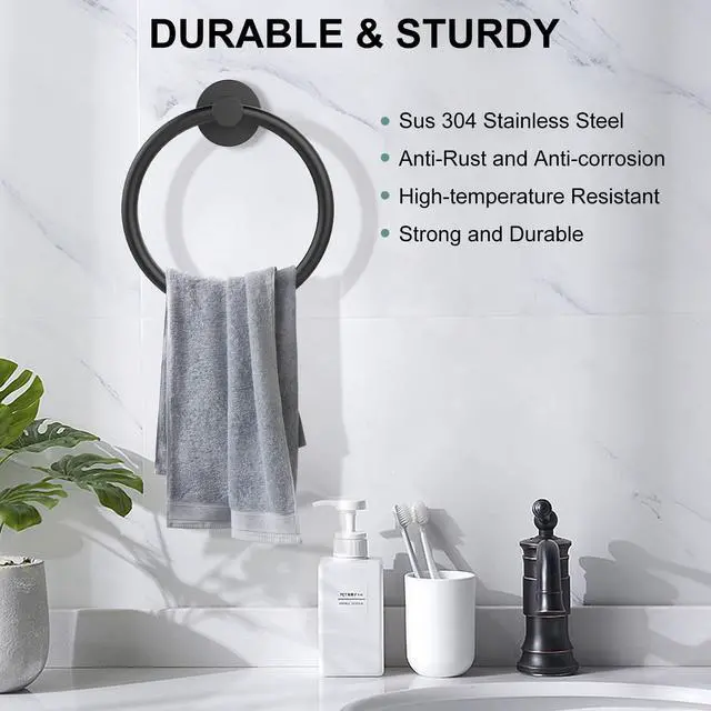 Alt view image 2 of 7 - Towel Holder for Bathroom Wall Matte Black Towel Ring, 2 Pack | Stainless Steel Heavy Duty Hand Towel Hanger for Bath, Kitchen