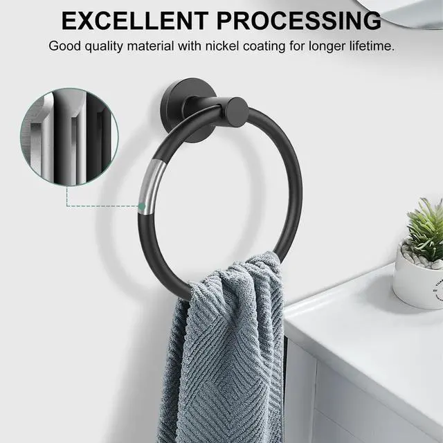 Alt view image 4 of 7 - Towel Holder for Bathroom Wall Matte Black Towel Ring, 2 Pack | Stainless Steel Heavy Duty Hand Towel Hanger for Bath, Kitchen