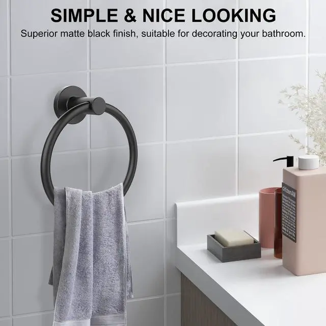 Alt view image 6 of 7 - Towel Holder for Bathroom Wall Matte Black Towel Ring, 2 Pack | Stainless Steel Heavy Duty Hand Towel Hanger for Bath, Kitchen