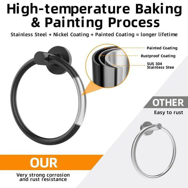 Alt view image 3 of 7 - Matte Black Towel Ring 2Pack, SUS304 Stainless Steel Hand Towel Holder for Bathroom Kitchen, Modern Style Towel Hanger, Thicken Ring Towel Holder, Towel Rack Round Wall Mounted (2, Black)