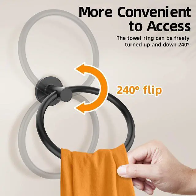 Alt view image 4 of 7 - Matte Black Towel Ring 2Pack, SUS304 Stainless Steel Hand Towel Holder for Bathroom Kitchen, Modern Style Towel Hanger, Thicken Ring Towel Holder, Towel Rack Round Wall Mounted (2, Black)