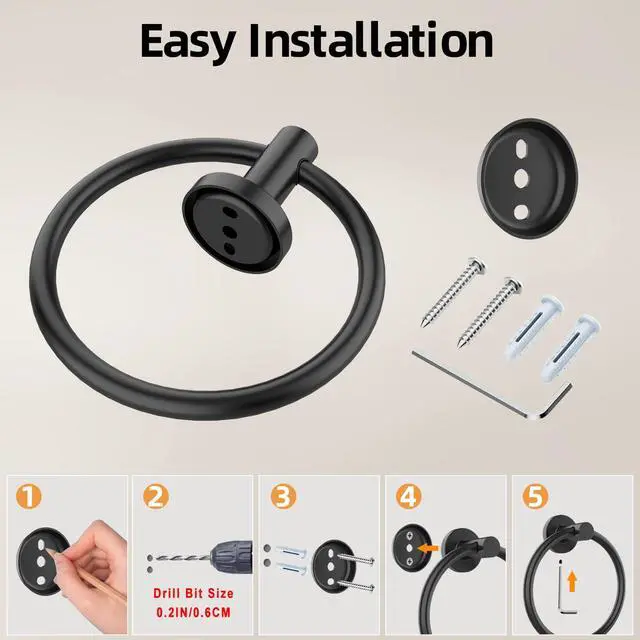 Alt view image 7 of 7 - Matte Black Towel Ring 2Pack, SUS304 Stainless Steel Hand Towel Holder for Bathroom Kitchen, Modern Style Towel Hanger, Thicken Ring Towel Holder, Towel Rack Round Wall Mounted (2, Black)