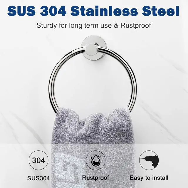 Alt view image 3 of 7 - Bath Towel Ring, Bathroom Hardware Accessories-Thicken Stainless Steel Hand Towel Holder for Bathroom, Modern Round Towel Hanger Wall Mounted (Chrome, 1 Pack)