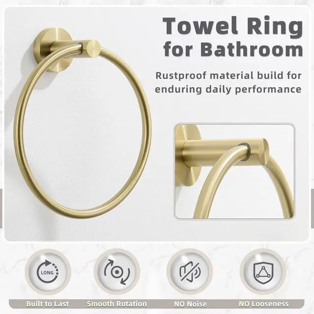 Alt view image 4 of 7 - Round Towel Ring, Brushed Gold, 304 Stainless Steel, Wall Mount | Easy-Reach Hand Towel Storage, Clean Modern Accent, Bathroom Refresh, Vanity & Powder Room Use, Concealed Screw Installation