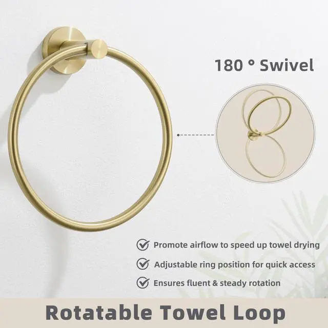 Alt view image 5 of 7 - Round Towel Ring, Brushed Gold, 304 Stainless Steel, Wall Mount | Easy-Reach Hand Towel Storage, Clean Modern Accent, Bathroom Refresh, Vanity & Powder Room Use, Concealed Screw Installation