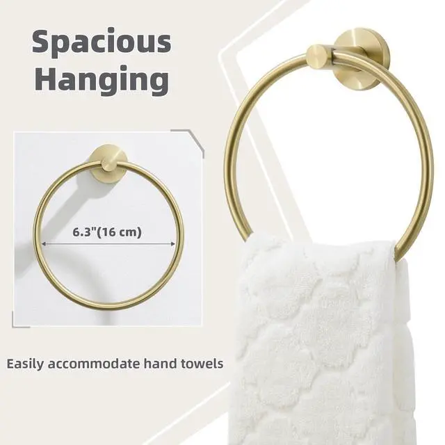 Alt view image 6 of 7 - Round Towel Ring, Brushed Gold, 304 Stainless Steel, Wall Mount | Easy-Reach Hand Towel Storage, Clean Modern Accent, Bathroom Refresh, Vanity & Powder Room Use, Concealed Screw Installation